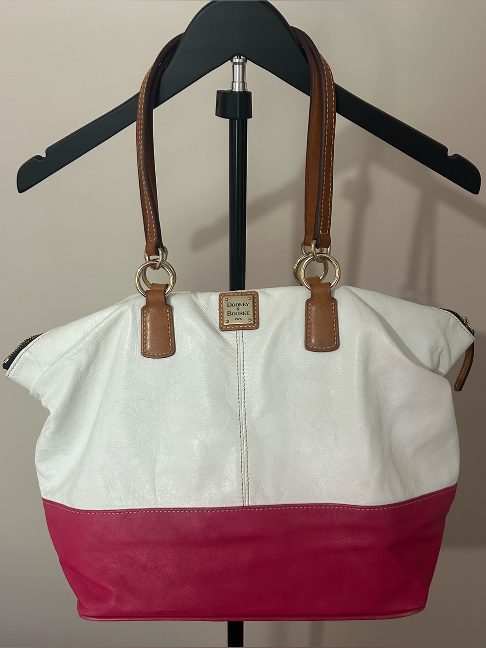 Dooney & Bourke White and Pink Leather Shoulder Tote with Tan Handles